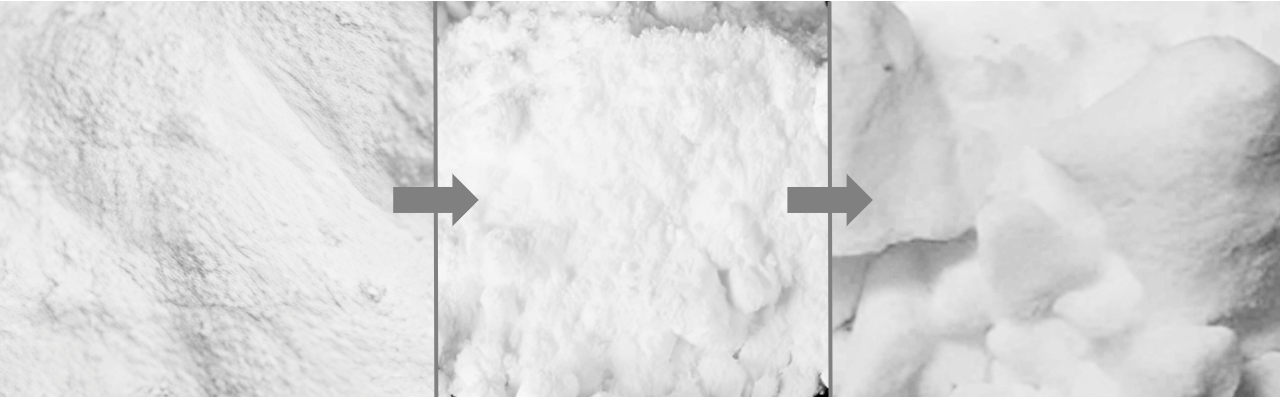 soda ash from fine powder to caked powder without moisture prevention